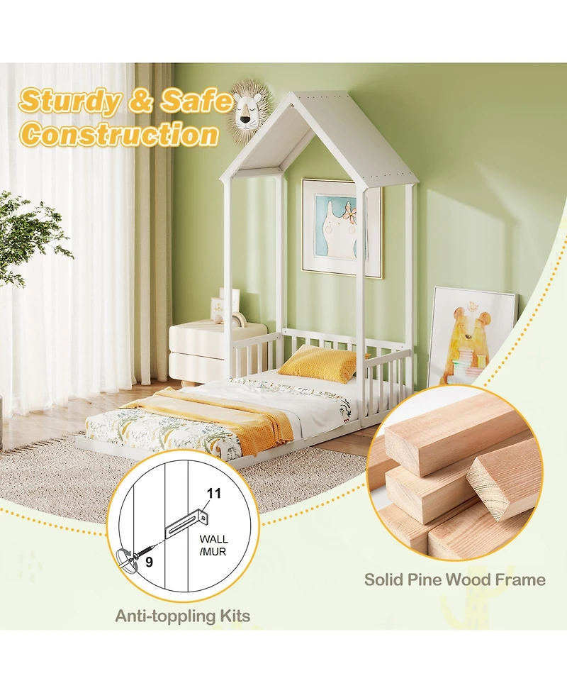 Sugift Twin Size House Bed with House Shape Roof and Semi-Fence
