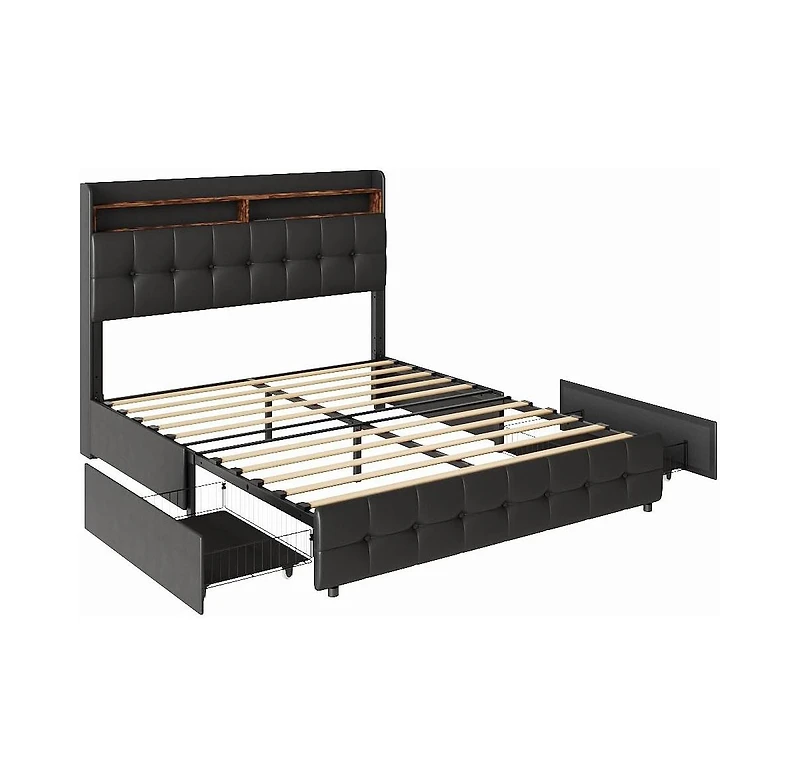 gaomon Bed Frame with 2 Storage Drawers, Upholstered Full Led Light, Double-Layer Bedside Headboard Charging Socket