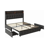 gaomon Bed Frame with 2 Storage Drawers, Upholstered Full Led Light, Double-Layer Bedside Headboard Charging Socket