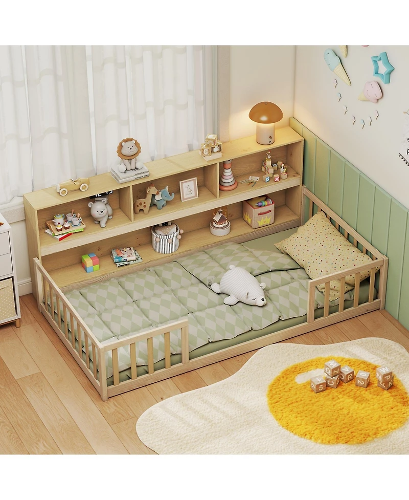 Slickblue Twin Montessori Floor Bed with Bookcase Storage