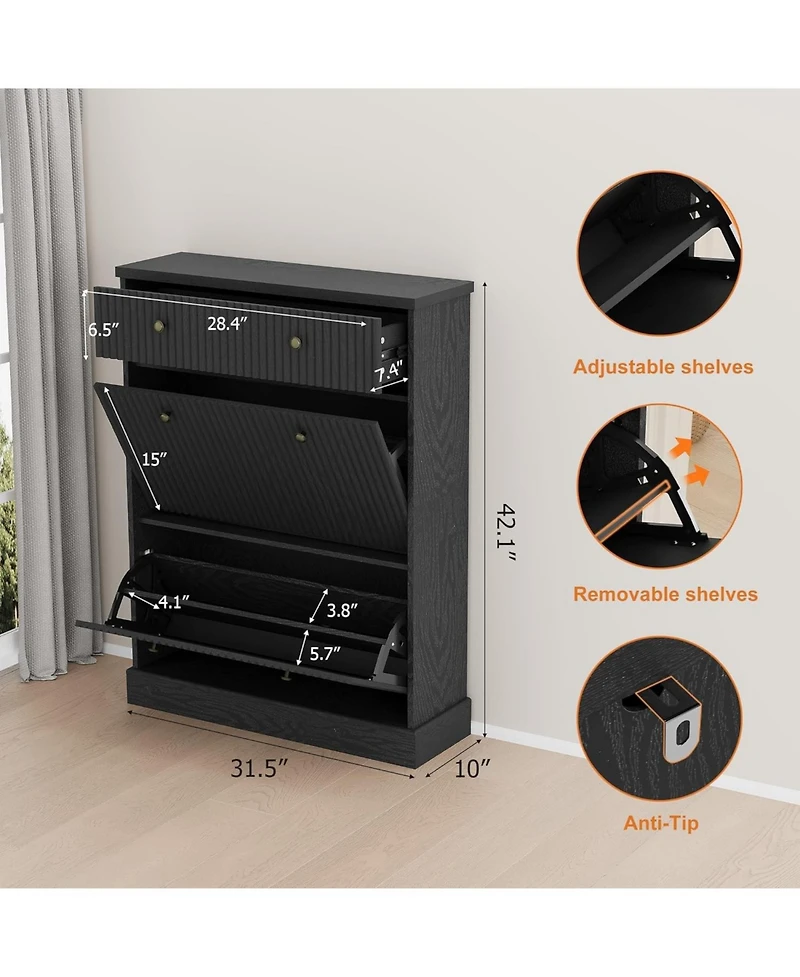 gaomon Fluted Shoe Cabinet with 2 Flip Drawers and 1 Top Drawer Narrow Wooden Cabinet with Adjustable Shelves Freestanding Shoe Organizer