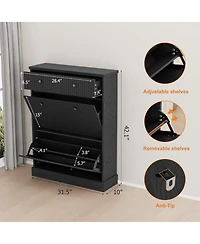 gaomon Fluted Shoe Cabinet with 2 Flip Drawers and 1 Top Drawer Narrow Wooden Cabinet with Adjustable Shelves Freestanding Shoe Organizer