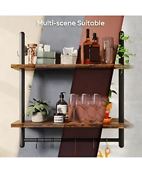 Yigii 24" Floating Wall Shelves 2 Tier Industrial Coffee Bar With 8 Hooks Towel Bar