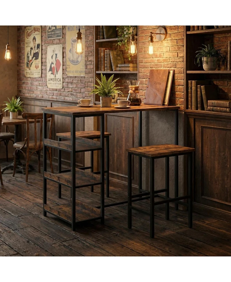 gaomon Counter Height Dining Table Set with Storage & 2 Bar Stools, 3-Piece Wooden Kitchen Table for Small Spaces