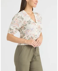 Ellen Tracy Women's Printed Flutter Sleeve Pointelle Sweater