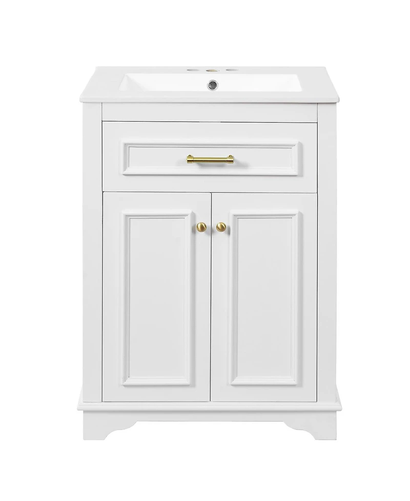 Sillysis 24" Bathroom Vanity with Ceramic Sink, Modern Freestanding Mdf Cabinet, Tip-Out Drawer Soft Close Door for Small Bathrooms