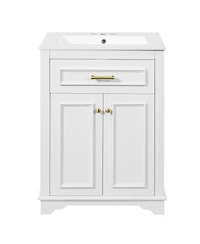 Sillysis 24" Bathroom Vanity with Ceramic Sink, Modern Freestanding Mdf Cabinet, Tip-Out Drawer Soft Close Door for Small Bathrooms