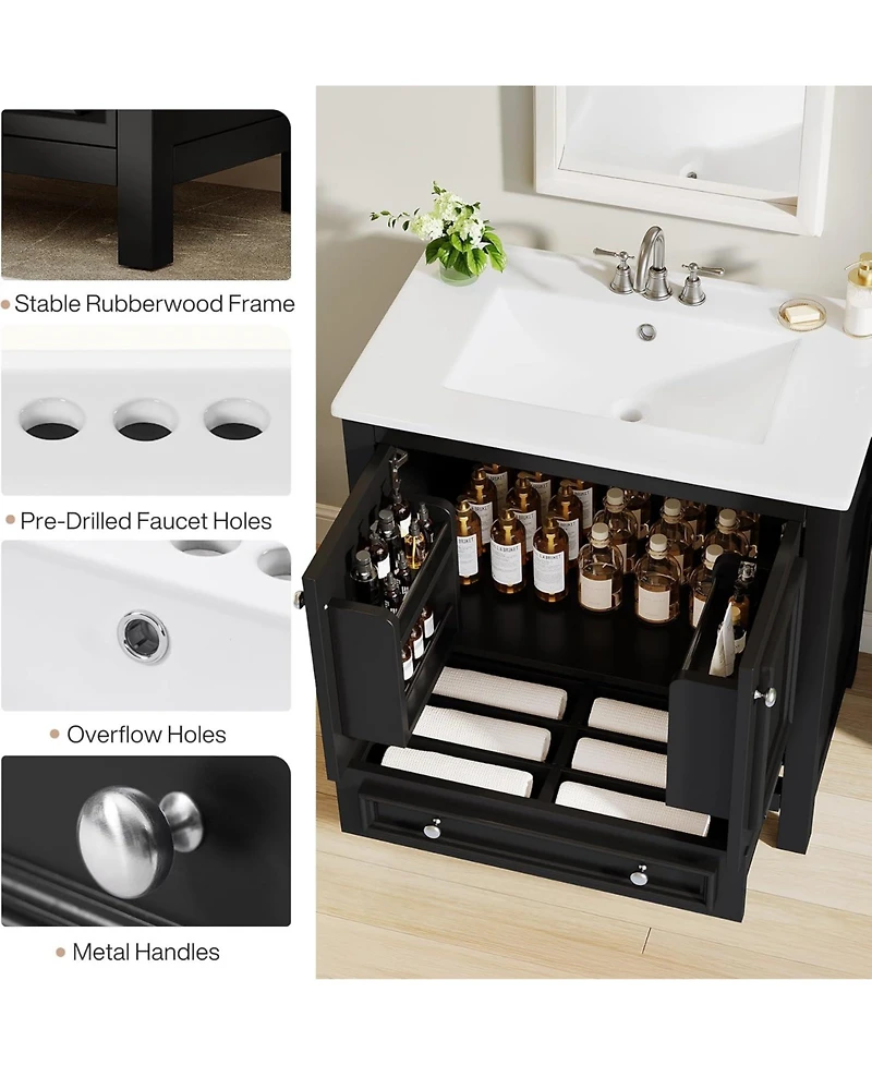 Tribesigns 30" Modern Bathroom Vanity with Sink, Bathroom Sink Cabinet with 2 Doors and 1 Drawer, Solid Wooden Frame, White