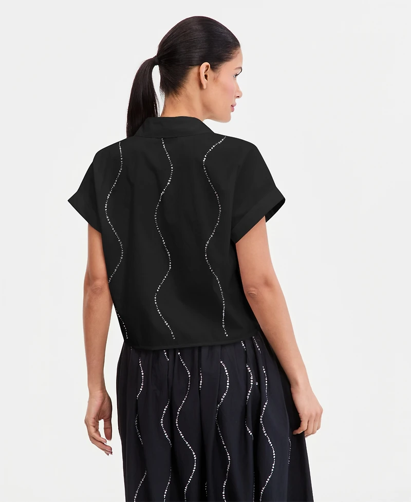 I.n.c. International Concepts Women's Short-Sleeve Rhinestone Embellished Tie Waist Blouse, Macy's Exclusive