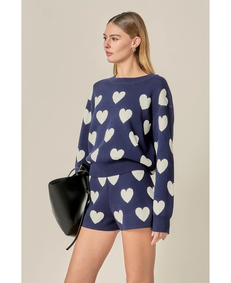 English Factory Women's Heart Patterned Crew Neck Sweater