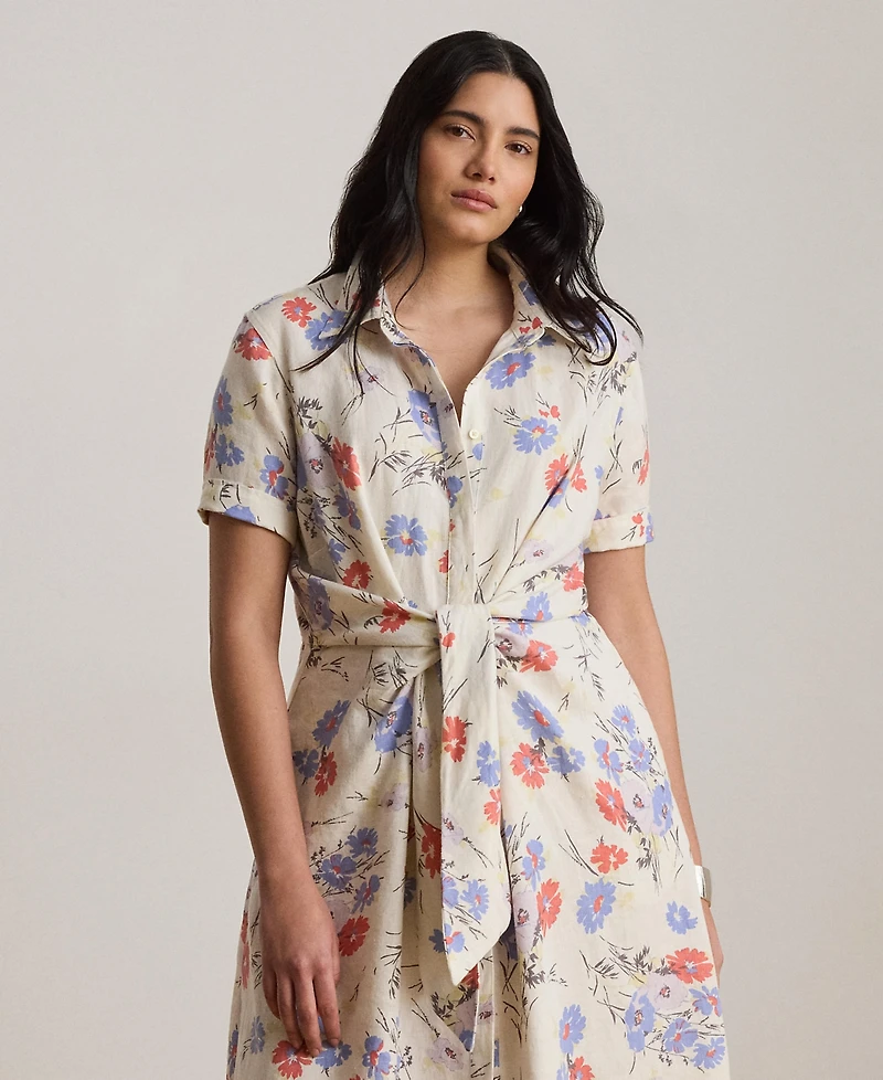 Lauren Ralph Plus Floral Tie-Front Collared Shirtdress