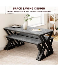 gaomon 3-Piece Rectangular Dining Table Set with X-Shaped Metal Frame and 2 Benches