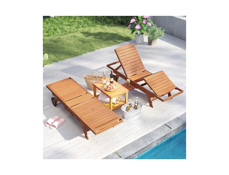 Slickblue Wooden Outdoor Recliner Chair with Wheels and Backrest