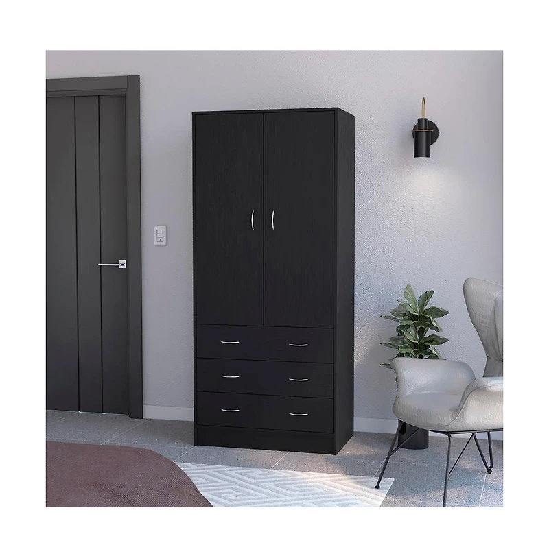 flynama Ramey Armoire Bedroom Storage Organizer with Hanging Rod Three Drawers and Stylish Hardware