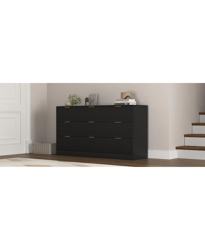 flynama Large 9 Drawer Dresser 63-Inch-Wide Wood with Gold Handles for Bedroom Storage