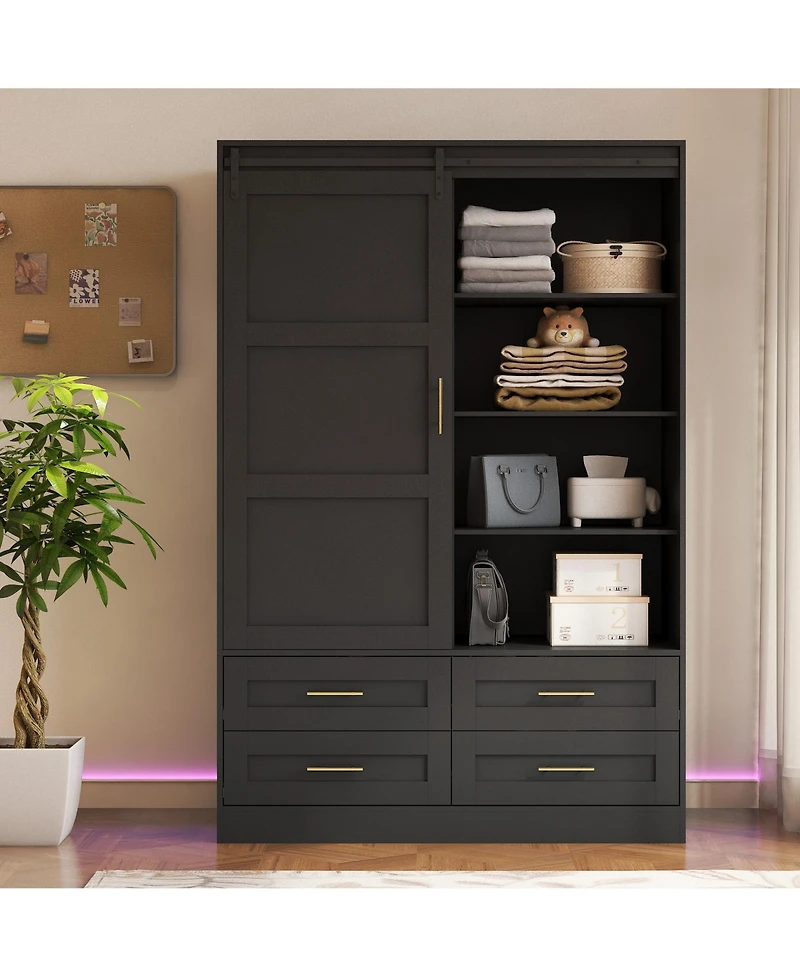 flynama Tall Bedroom Armoire Wardrobe Closet with Hanging Rod Barn Door Drawers and Open Shelves Clothing Storage Cabinet