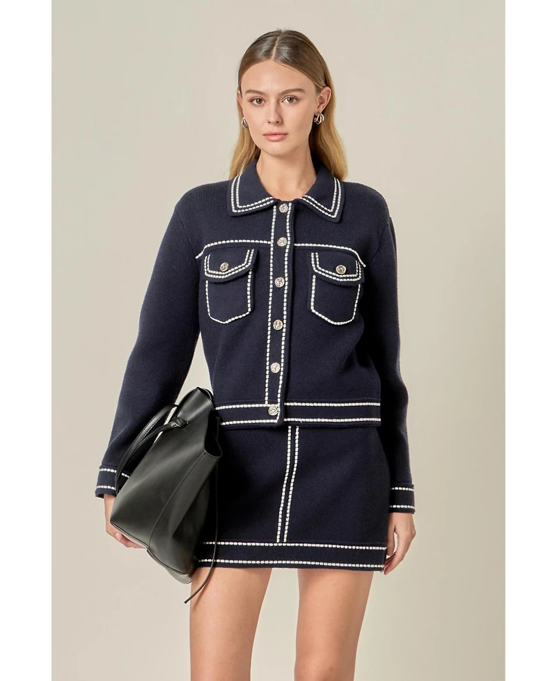 English Factory Women's Denim-Look Knit Cardigan