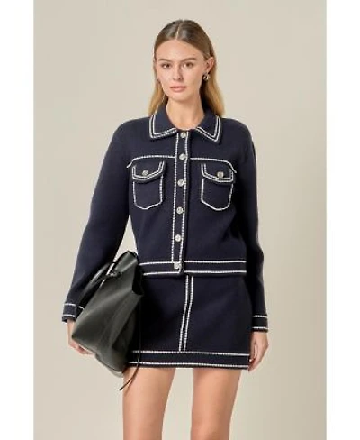 English Factory Womens Denim Look Knit Skirt Cardigan Sets