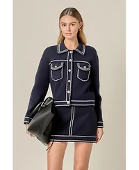 English Factory Womens Denim Look Knit Skirt Cardigan Sets