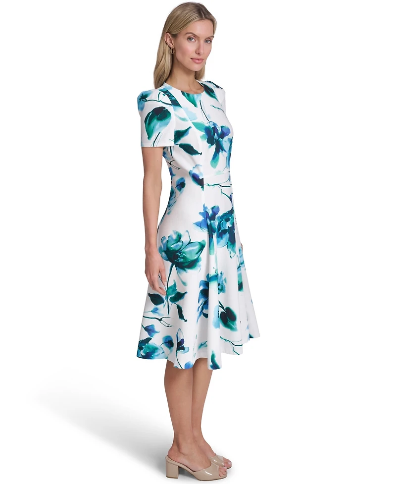 Calvin Klein Petite Hopsack Short-Sleeve Jewel Neck Dress