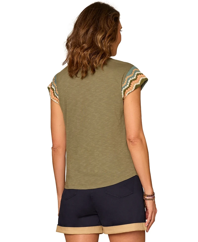 Democracy Petite Crochet Cap-Sleeve Notched Neck Knit Top