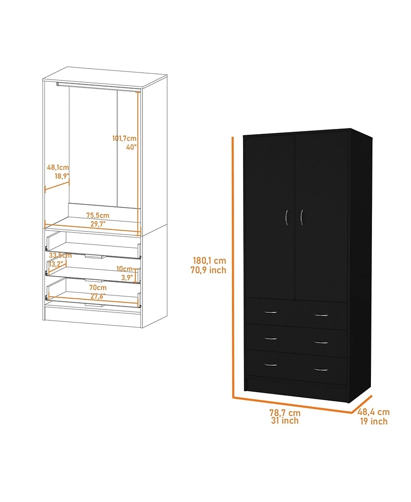 flynama Prescott Armoire with 2 Doors 3 Drawers 1 Hanging Rod Bedroom Storage