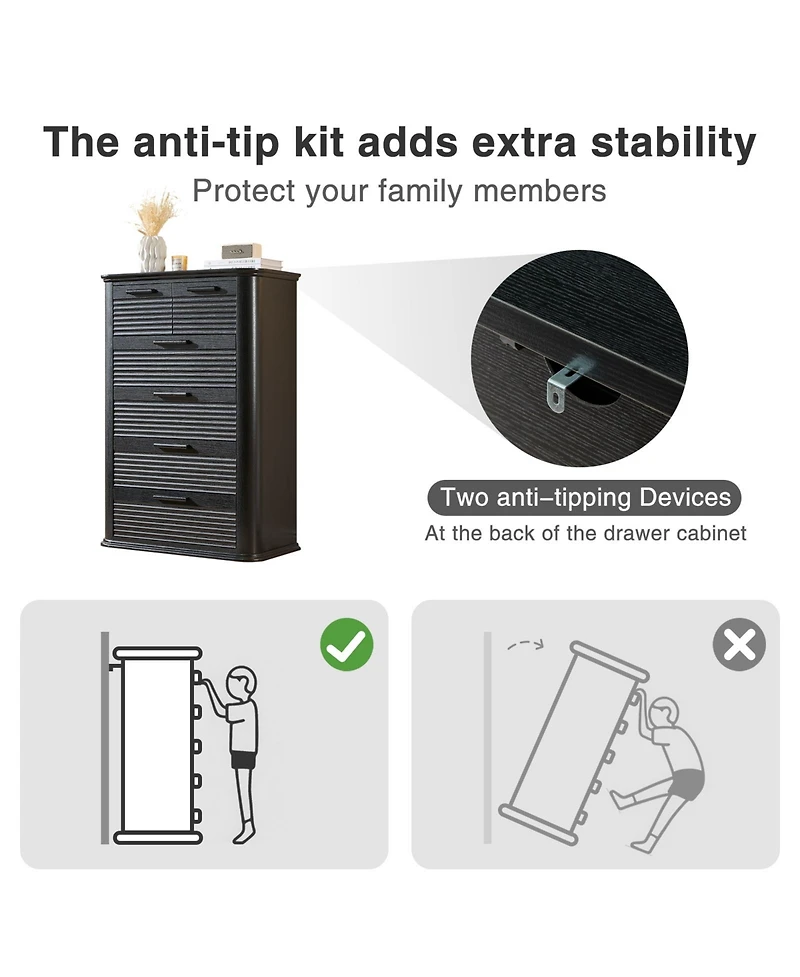 flynama 6 Drawers Dresser Modern Curved Profile Wood Fluted Storage Organizer 45 inch Tall for Bedroom Living Room Entryway