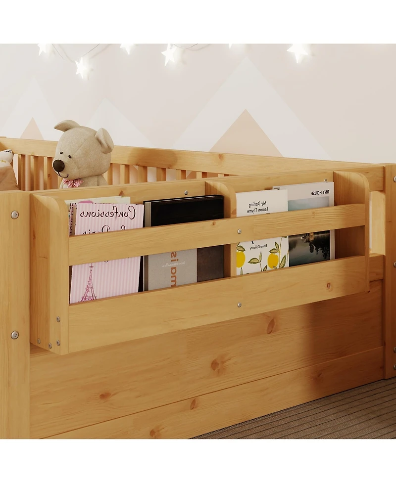 flynama Montessori Wood Floor Bed With Led Light Storage Shelf High Rails