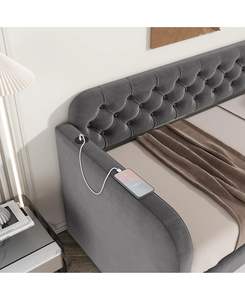 flynama Upholstered Daybed With Trundle And Usb Charging Dark No Box Spring