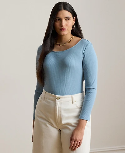 Lauren Ralph Plus Rib-Knit Boatneck T-Shirt