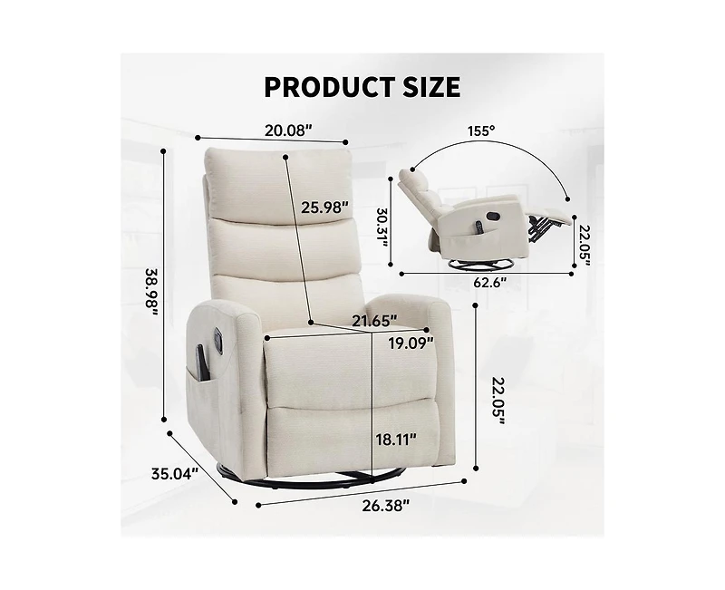 sumyeg Chenille Recliner Chair with Heat, Massage, Rocker & Swivel Features