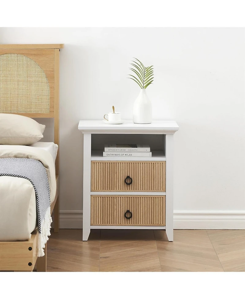 gaomon Wooden Nightstand with 2 Drawers and Open Shelf Ripple Pattern Bedside Table with Fluted Design Suitable End Side Table for Bedroom Living Room