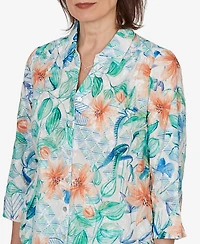 Alfred Dunner Women's Caribbean Blues Tropical Flower Eyelet Tie Sleeve Top