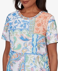 Alfred Dunner Women's Caribbean Blues Patchwork Scroll Side Tie Ruched T-Shirt