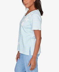 Alfred Dunner Women's Caribbean Blues Highlight Flower Striped T-Shirt