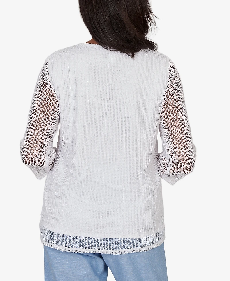 Alfred Dunner Women's Caribbean Blues Popcorn Mesh Solid Top with Necklace