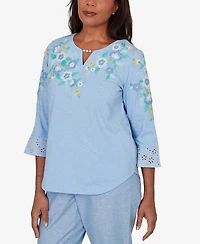 Alfred Dunner Petite Caribbean Blues Floral Embroidered Split Neck Top