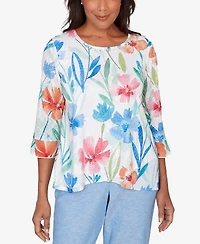 Alfred Dunner Petite Caribbean Blues Whimsical Flower Bell Sleeve Top