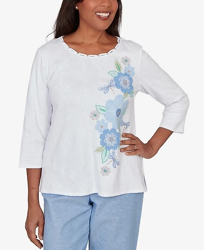 Alfred Dunner Petite Caribbean Blues Embroidered Dragonfly Floral Top