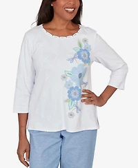 Alfred Dunner Petite Caribbean Blues Embroidered Dragonfly Floral Top
