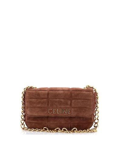 Pre-Owned Celine Small Logo Chain Flap Bag Quilted Suede