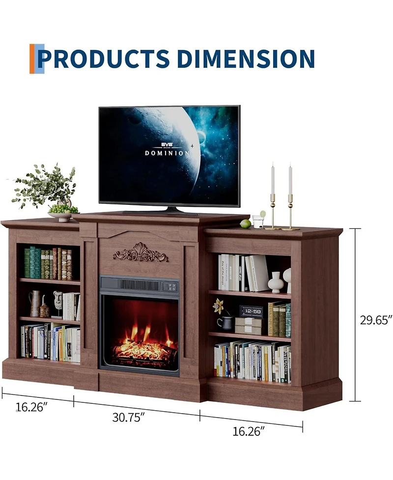 gaomon 67" Electric Fireplace Tv Stand with 18" Slim Built-in Heater, Remote, 12 Flame Colors, Adjustable Storage Cabinets, Wood Finish, Ent