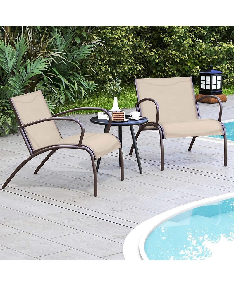 Gymax 3 Piece Patio Chair Set Curved Fabric Seat Round Coffee Table for Backyard