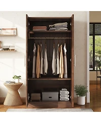 flynama 2 Door Wooden Wardrobe Armoire with 3 Storage Shelves Brown Clothing Storage Cabinet for Bedroom and Guest Room
