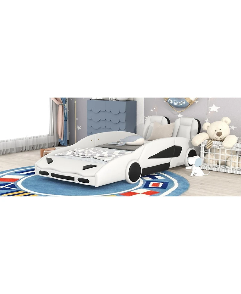 flynama Race Car Shaped Platform Bed With Wheels For Kids Bedroom