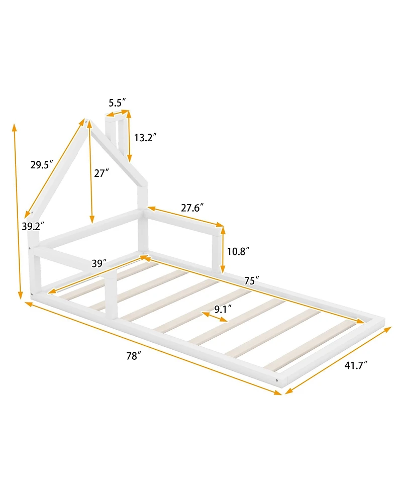 flynama Wood Floor Bed House Shaped Headboard Chimney Pine Wood Mdf