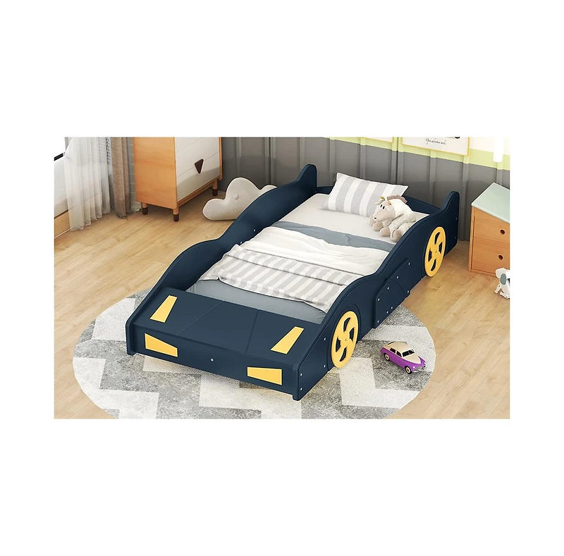 flynama Race Car Shaped Platform Bed Dark Wheels Storage Pine Wood