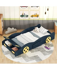 flynama Race Car Shaped Platform Bed Dark Wheels Storage Pine Wood