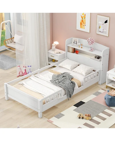 flynama Wood Platform Bed Led Light Storage Headboard Guardrail Pine Wood