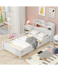 flynama Wood Platform Bed Led Light Storage Headboard Guardrail Pine Wood